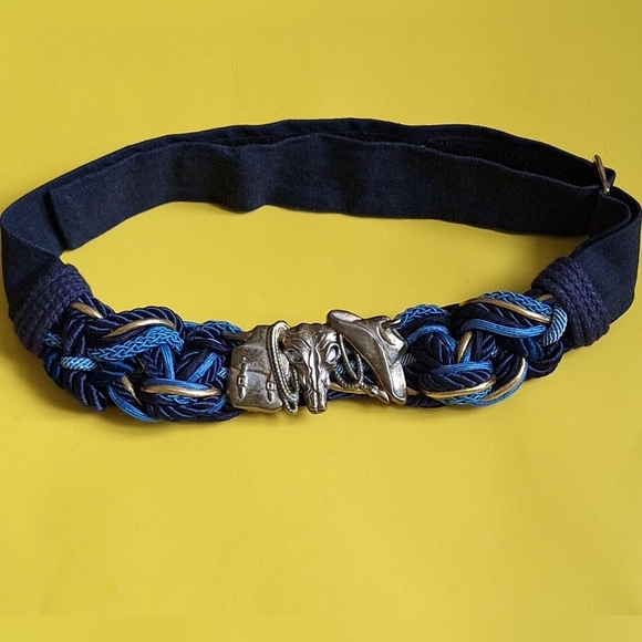 Vintage Ione Braided Western Belt – Denim & Blue Cord with Cowboy Buckle (39”) - Picture 2 of 9
